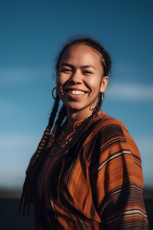 Portrait of a beautiful young woman with dreadlocks smiling and looking awayの素材