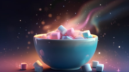 Illustration of a cup full of sweet marshmallows on a dark backgroundの素材