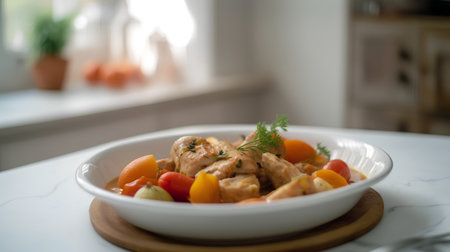 Chicken with vegetables on a white plate in the kitchen. Selective focus.の素材