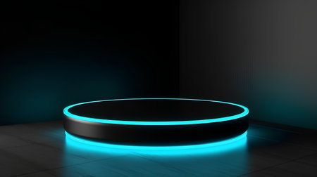 Neon podium in dark room, 3d render, square imageの素材