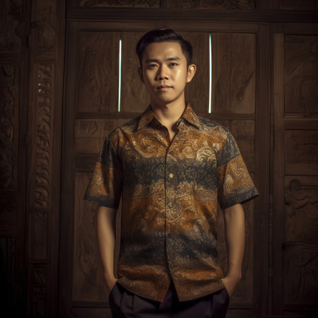 Portrait of a handsome asian man in traditional chinese shirtの素材