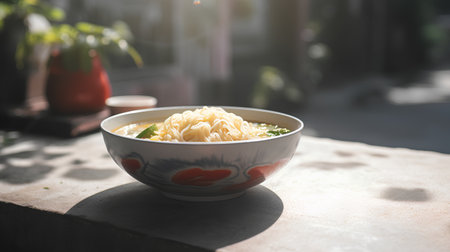 Instant noodles in a bowl on the table in the morning light.の素材