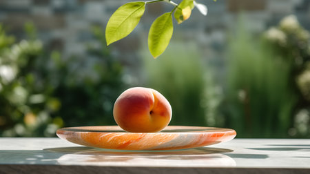 Ripe apricot on a plate on a table in the gardenの素材