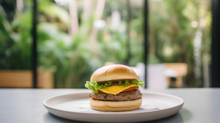 Hamburger with cheese and lettuce on white plate. Close up.の素材