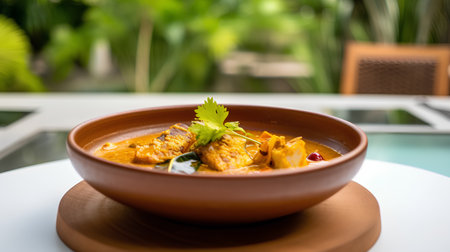 Curry fish with coconut milk in a clay bowl on the tableの素材