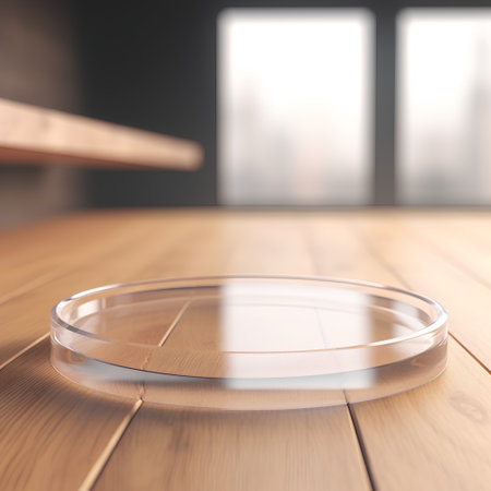 Glass Petri dish on a wooden table in the kitchen. 3d renderingの素材