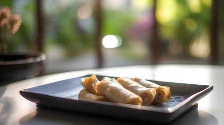 Spring rolls in a plate on a table with a blurred background.の素材