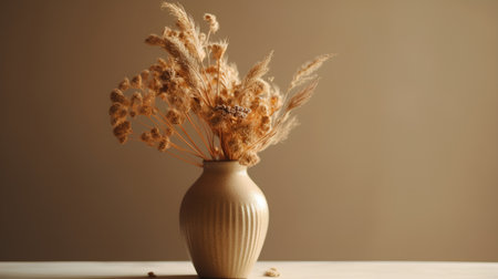 Bouquet of dried flowers in vase on wooden table.の素材