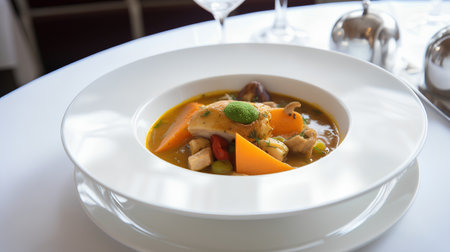 chicken stew with vegetables on a white plate in a restaurant.の素材