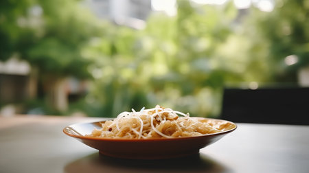 Bowl of spaghetti with grated parmesan cheese on tableの素材