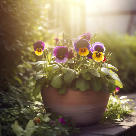 Beautiful pansy flowers in a clay pot on a sunny dayの素材