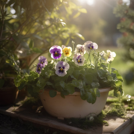pansy flowers in a clay pot on a wooden table in the gardenの素材