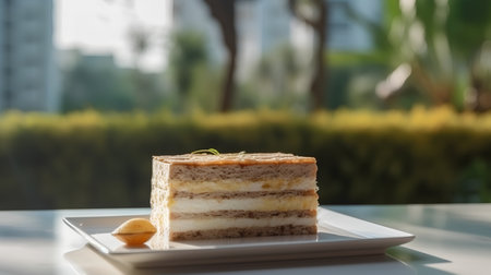 Tiramisu cake on white plate, selective focus, shallow DOFの素材