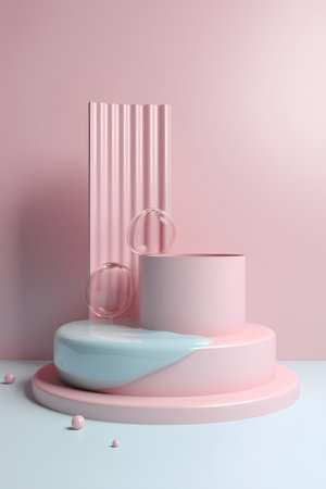3d render abstract minimal geometric forms. Glossy podium for product presentation. Fashion show stage with pastel colors.の素材