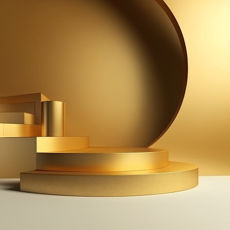 3d render of golden podium with round pedestal on white backgroundの素材