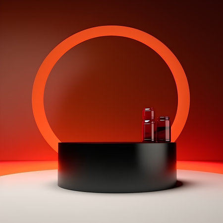 3d render of cosmetic product display podium on red background with circleの素材