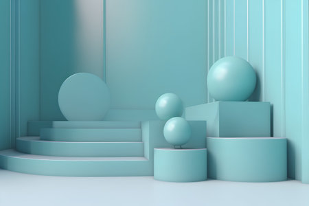 3d render of abstract minimal geometric forms. Glossy turquoise podiums with pastel colors.の素材