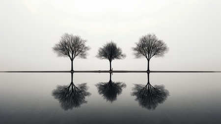 Three trees with reflection in water on a foggy day. 3d renderの素材
