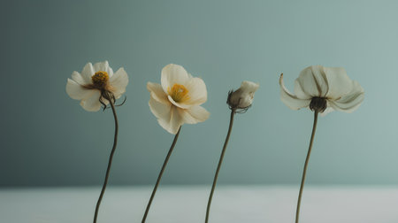 Three white anemone flowers on pastel blue background with copy space.の素材