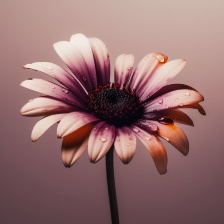 Beautiful gerbera flower with drops of water on a pink backgroundの素材