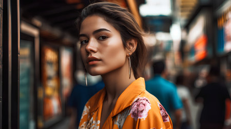 Portrait of a beautiful girl in a colorful dress in the cityの素材