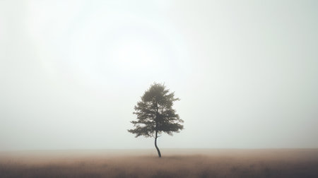 Lonely tree in the meadow in a foggy dayの素材