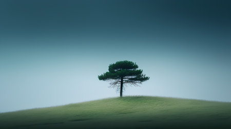 Pine tree on green hill with blue sky, 3d renderの素材