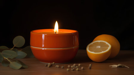 Orange candle with lemon and eucalyptus on wooden tableの素材