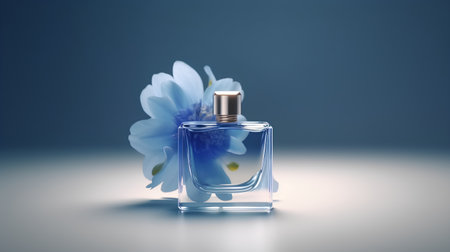 bottle of perfume on a blue background. 3d illustration.の素材