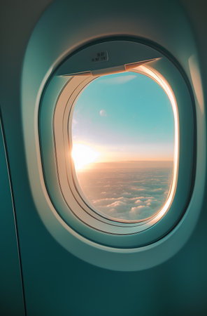 Airplane window view from the porthole. 3d renderingの素材