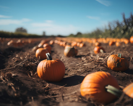Pumpkin patch on sunny autumn day. Selective focus.の素材