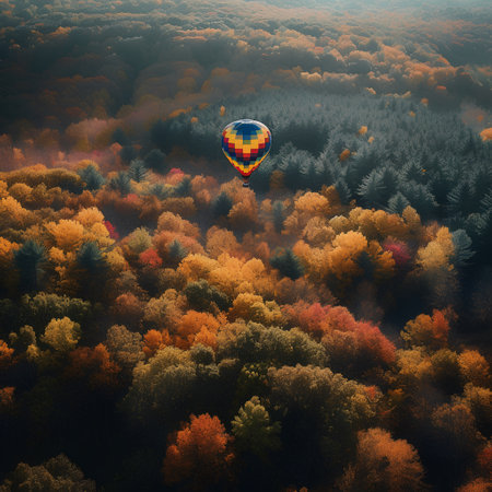 Colorful hot air balloon flying over the autumn forest. Aerial view.の素材