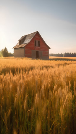 Abandoned farm house in a wheat field in the morning.の素材