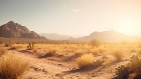 Desert landscape with cactuses and mountains in the background.の素材