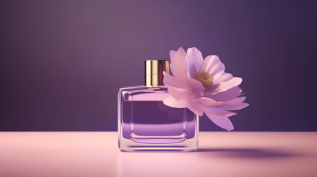 Perfume bottle with flower on purple background. 3d renderingの素材