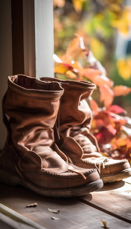 Leather boots on a window sill with autumn leaves in the backgroundの素材