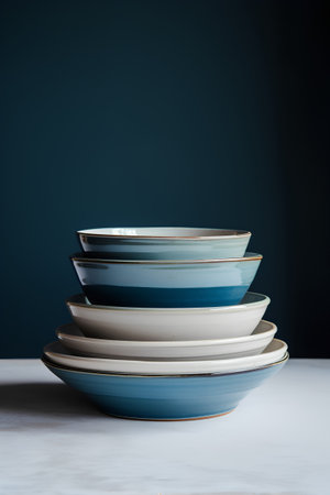 Set of colorful plates and bowls on a dark background. Selective focus.の素材