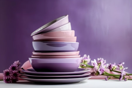 Stack of colorful plates and bowls on purple background with lilac flowersの素材