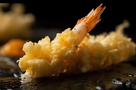 Close up of Tempura Shrimps on a black background.の素材