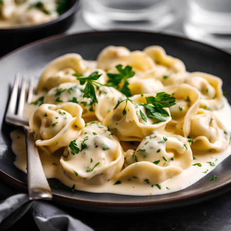 Tortellini with cream sauce and parsley on a plateの素材