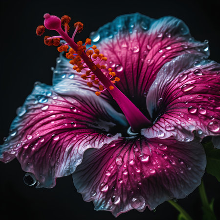 Hibiscus flower with dew drops on black background.の素材