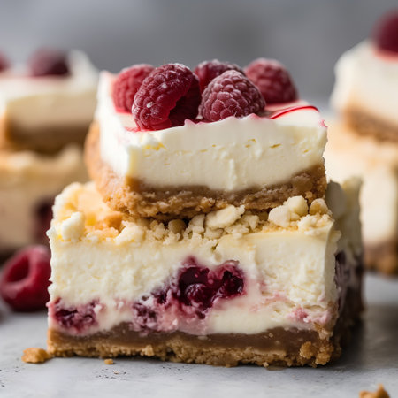 Piece of cheesecake with raspberries, selective focus.の素材