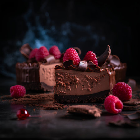 Chocolate cake with raspberries and chocolate pieces on dark backgroundの素材