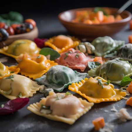 Variety of Italian ravioli on dark background, selective focusの素材