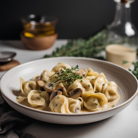 Ravioli with mushrooms and thyme on a white plateの素材
