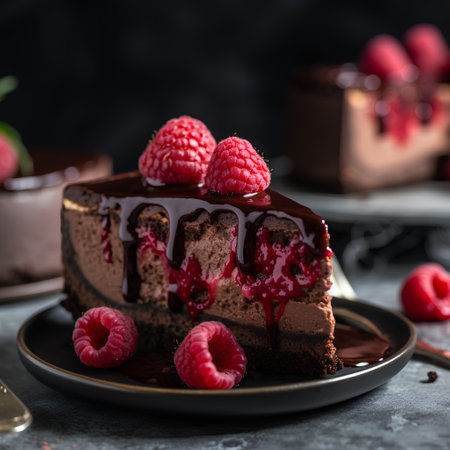 Chocolate cake with raspberries and chocolate sauce on a dark backgroundの素材