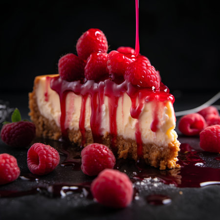 Piece of cheesecake with fresh raspberries on black backgroundの素材