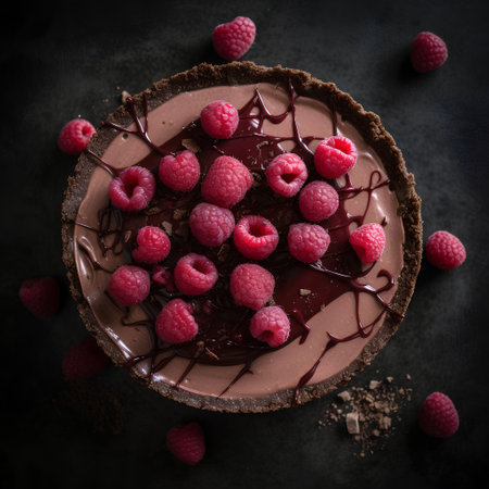 Chocolate cake with raspberries and chocolate chips on dark backgroundの素材