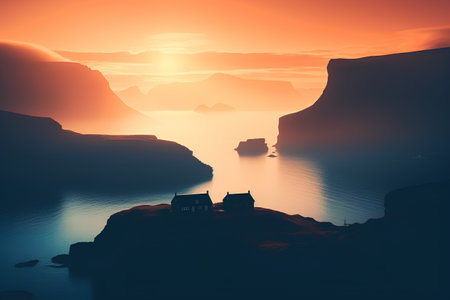 Fantasy landscape with castle on cliff over the sea. 3d renderの素材