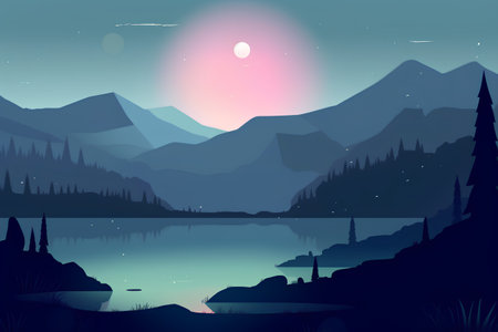 Landscape with mountains, lake and forest at night. Vector illustrationの素材